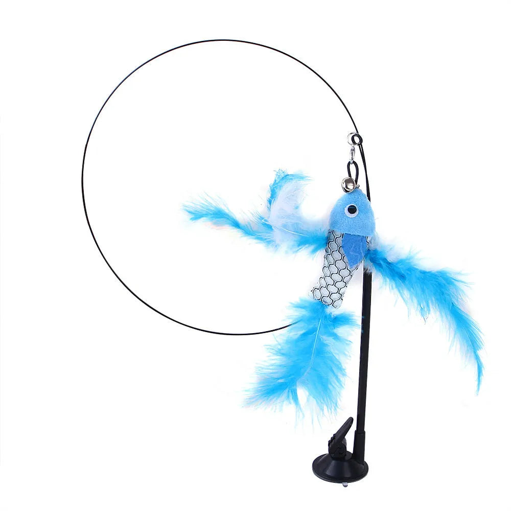 H Hot-selling sucker cat teaser with blue flying fish replaceable head, steel wire arm, and PP construction on a window