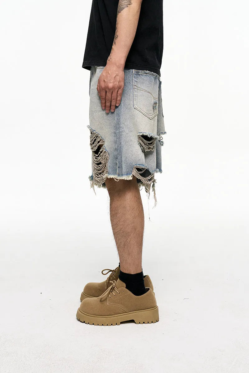 Men's light blue retro washed denim shorts with a baggy wide-leg fit on a mid-rise waist.