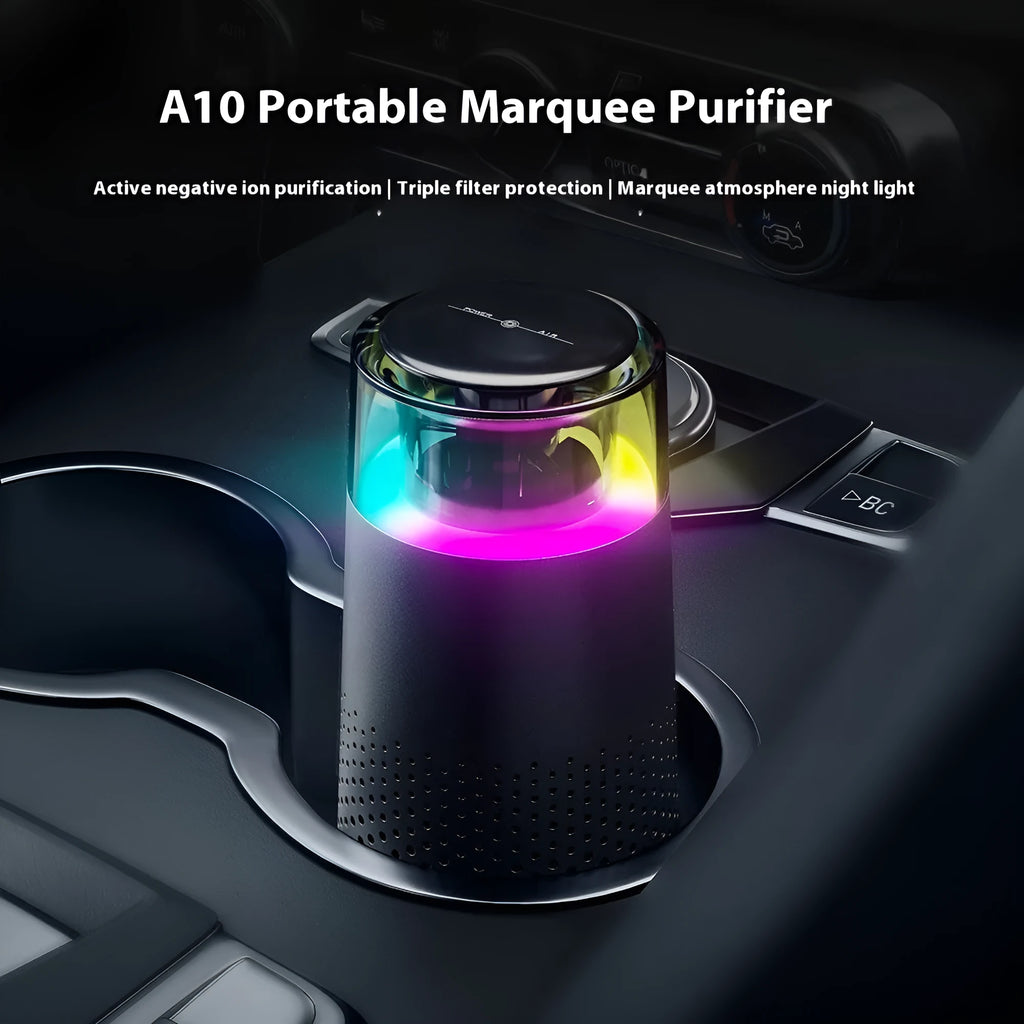 Black car air purifier with running light on a dashboard, ABS construction, 5W USB powered