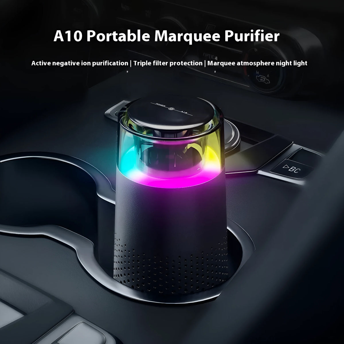 Black car air purifier with running light on a dashboard, ABS construction, 5W USB powered