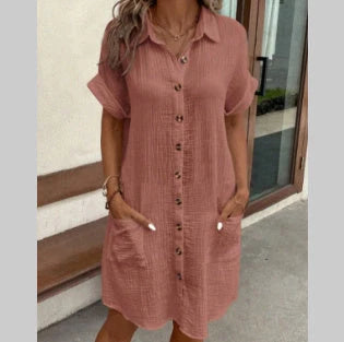 Summer short sleeve shirt dress in various colours, showcasing loose fit and mid-length design
