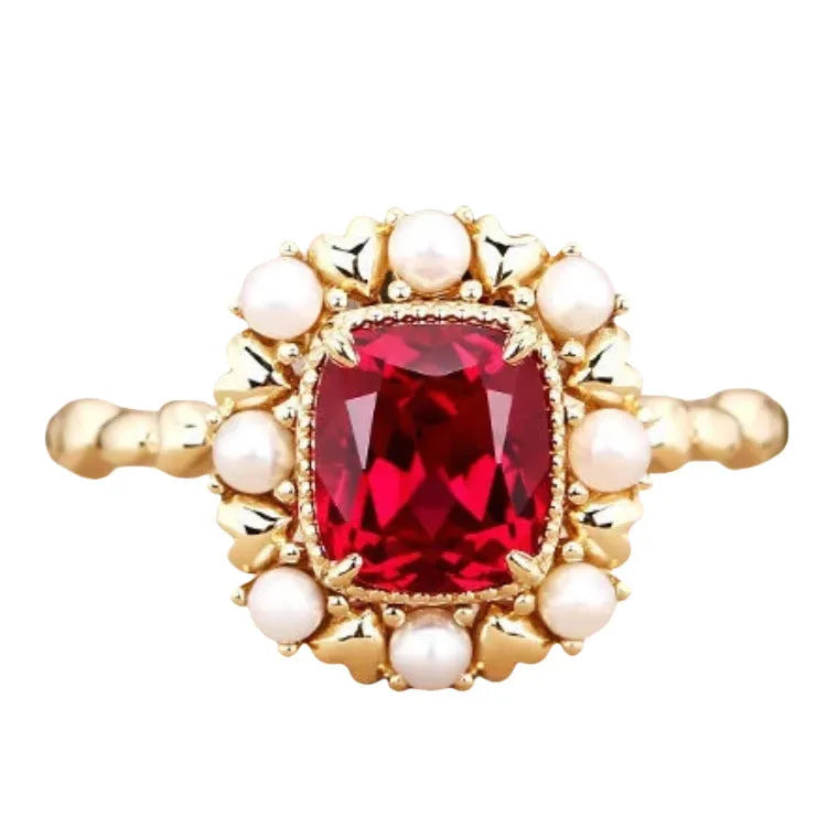 Natural stone garnet red ring with gold electroplating and zircon accents, heart and geometric shape, women's sizes 6-10