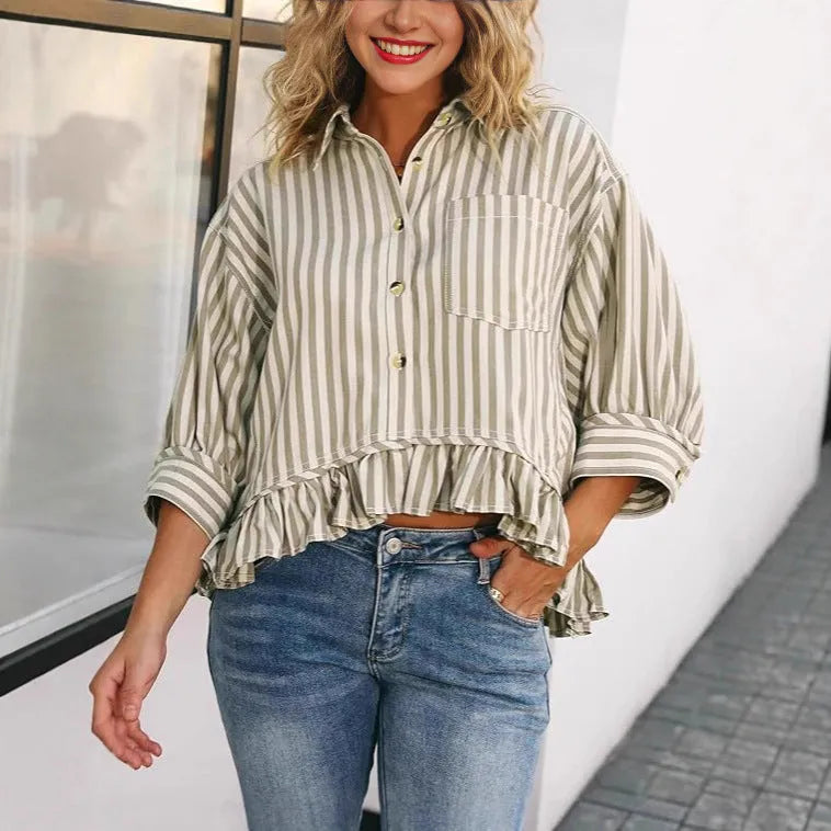 Women's casual loose striped shirt with ruffled hem and short sleeves in polyester, available in multiple colours