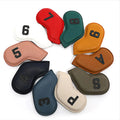 Set of 10 colourful digitally printed PU golf club headcovers for drivers, woods, and irons.