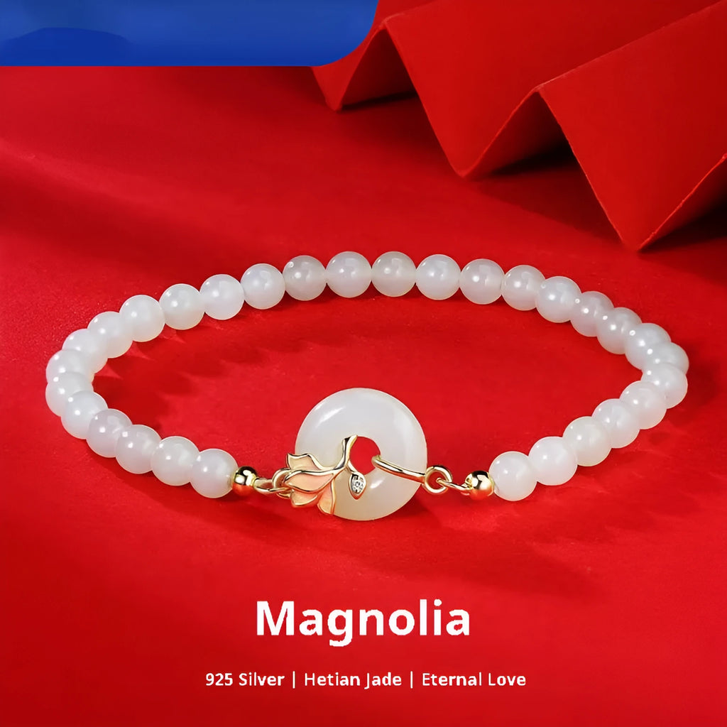 Orchid Hetian jade S925 sterling silver magnolia round beads bracelet on display