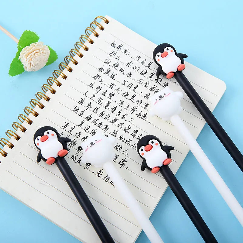 Korean cartoon penguin silicone gel pen with 0.5mm black refill in peacock blue and black colours