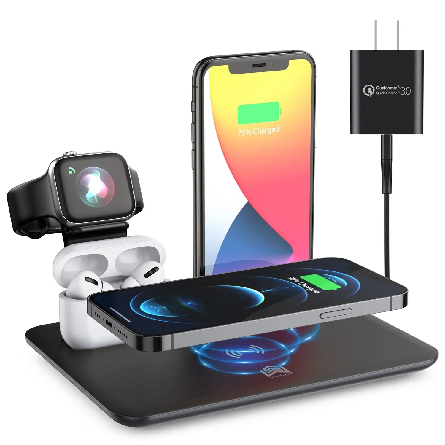 Black wireless charging bracket holding an iPhone vertically, with AirPods and an Apple Watch on its base.