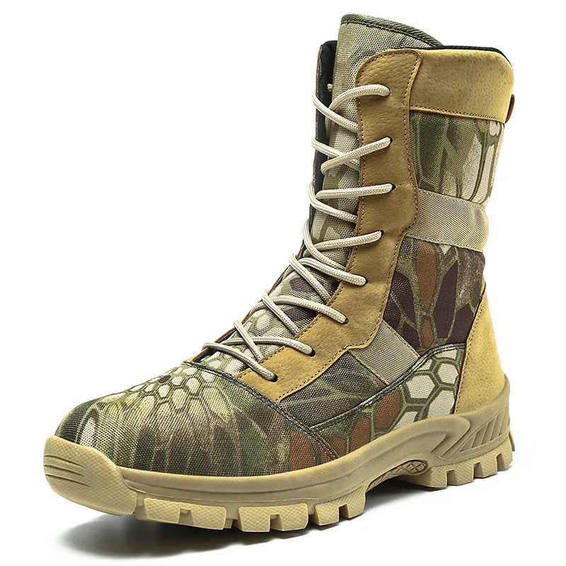 Plus size men's black and camouflage high-top Martin boots with mesh uppers and sports styling