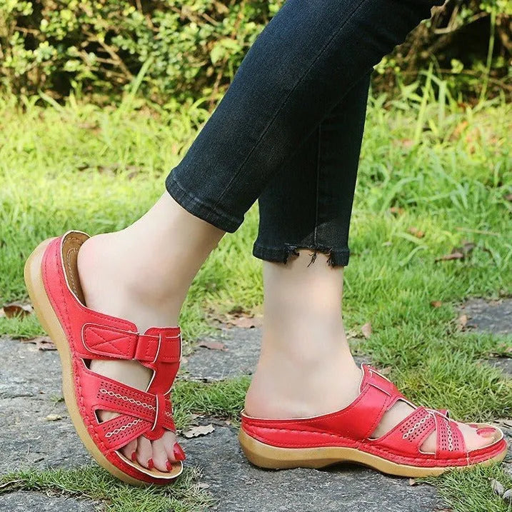 Women's hollow peep toe wedge sandals with Velcro straps in a choice of six colours.