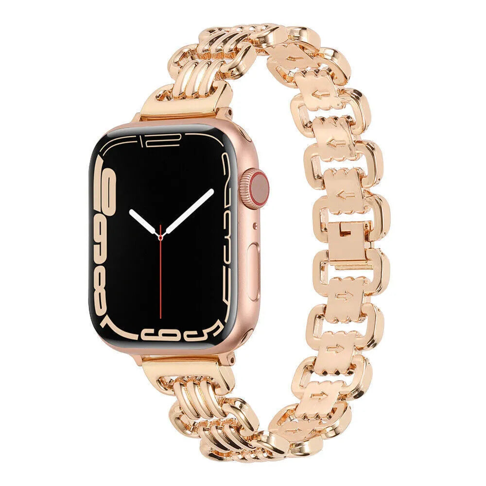 Stainless steel alloy Apple Watch band in silver, black, gold, rose gold, and starlight colours.