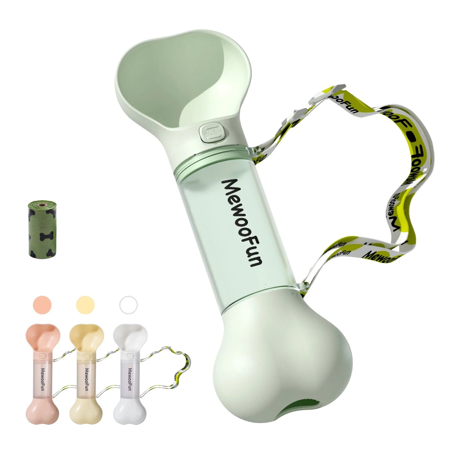 Mewoofun 2-in-1 leak-proof pet water bottle with bone-shaped design and poop bag storage