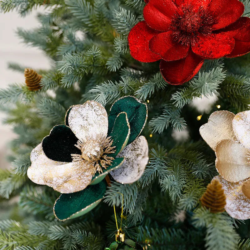 Set of three 15cm flannel Christmas flower ornaments in champagne gold, wine red, and dark green