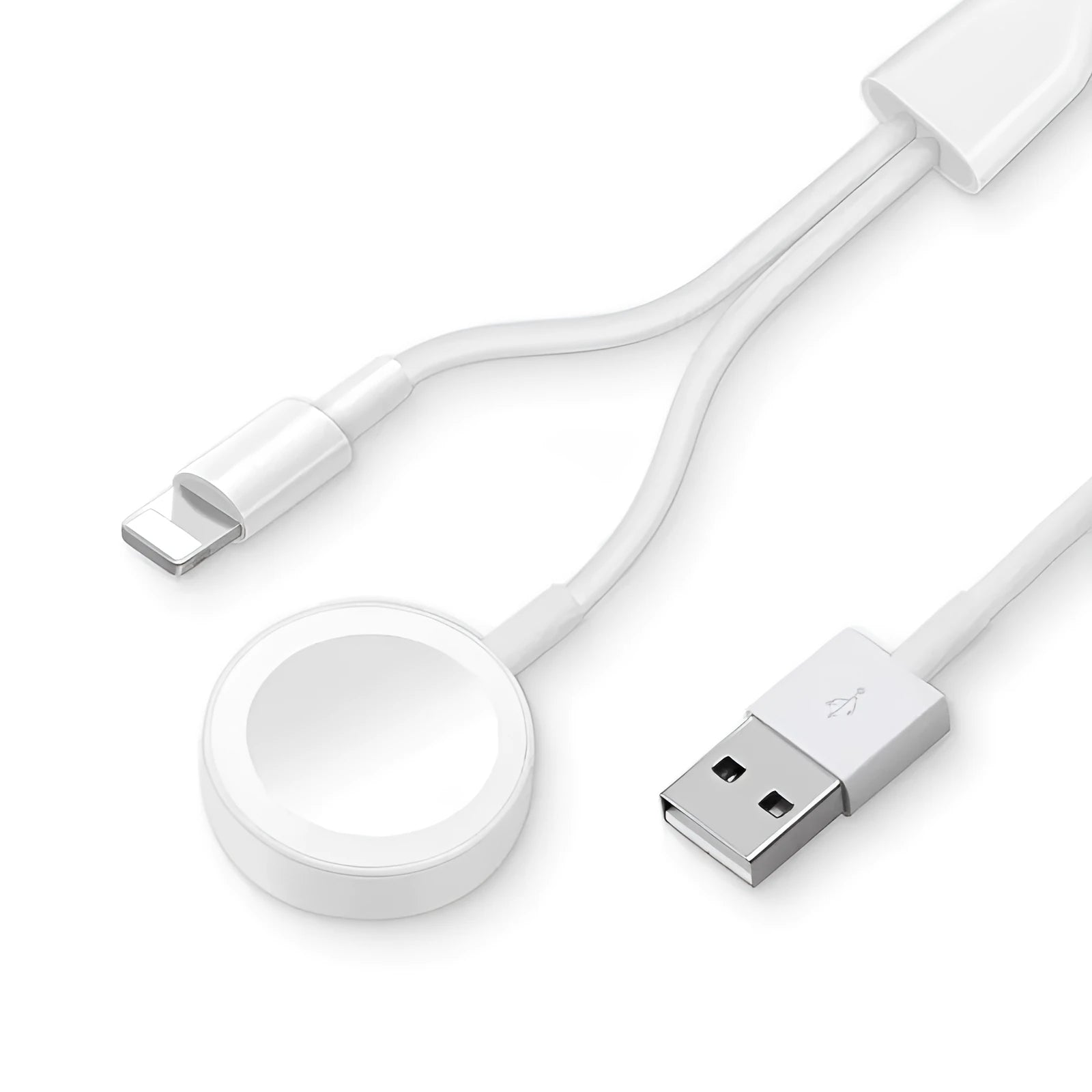 White two-in-one wireless charger for smartwatches with USB interface