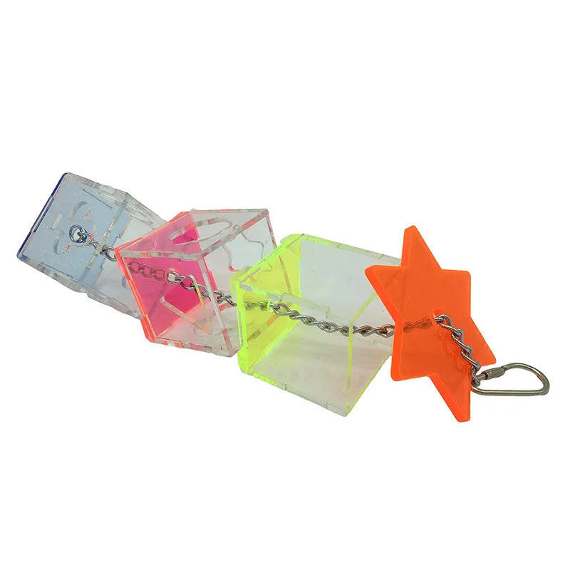 Clear acrylic parrot foraging toy with food container measuring 32cm long