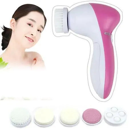 Electric facial cleanser brush with 5 attachments in pink, compact size, on white background