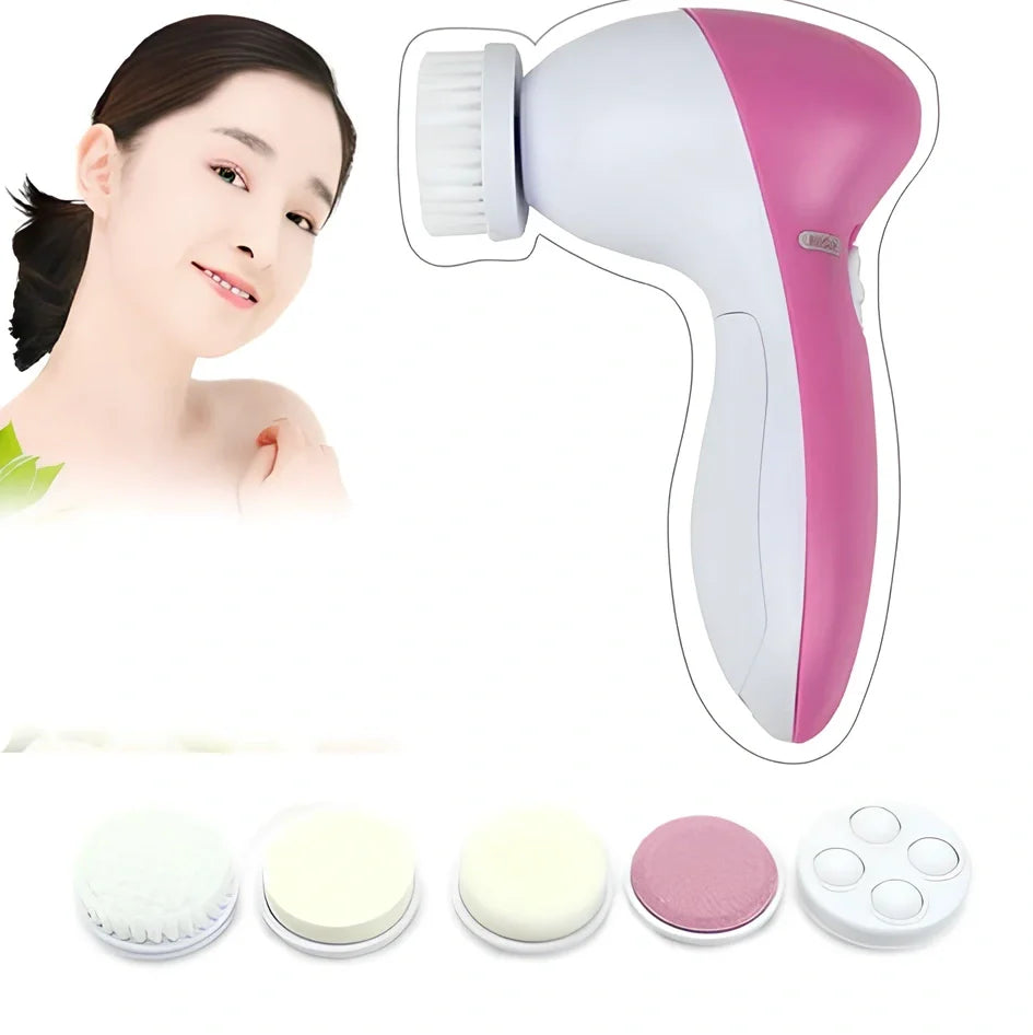 Pink electric facial cleanser device 130mm long with 5 attachments for pore cleaning and blackhead removal, battery operated