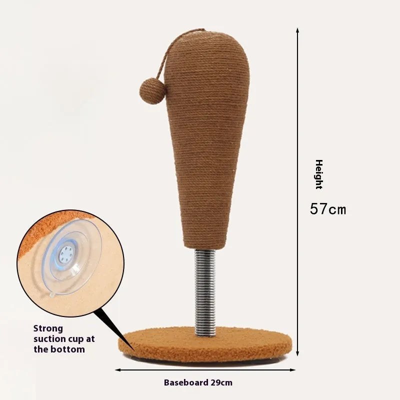 Hemp rope cat scratching board with integrated tumbling ball in large and small sizes.