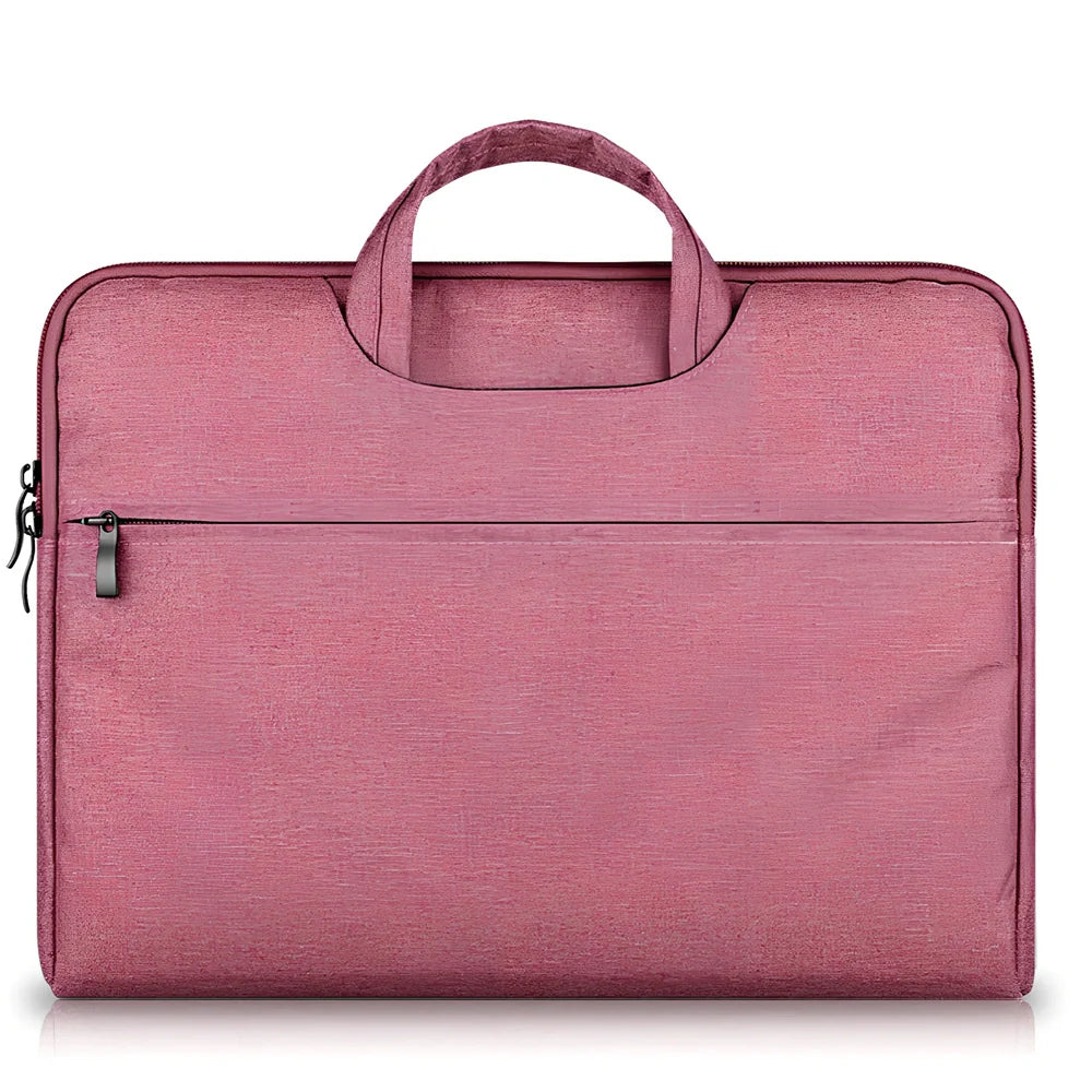 Grey laptop sleeve for MacBook with ant cloth exterior and soft handle, showing internal plush lining