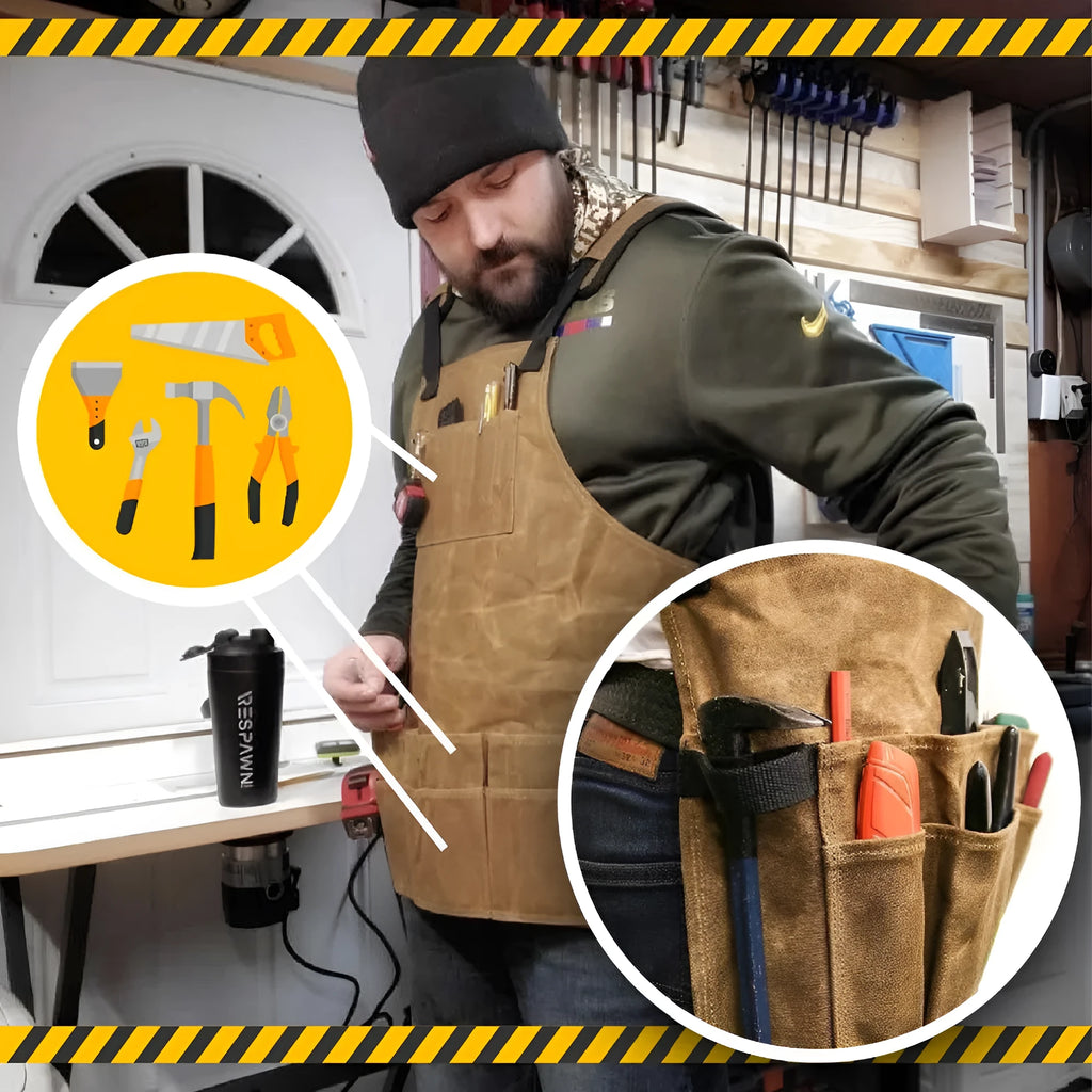 Yellow leather webbing work apron with multiple tool pockets and adjustable straps