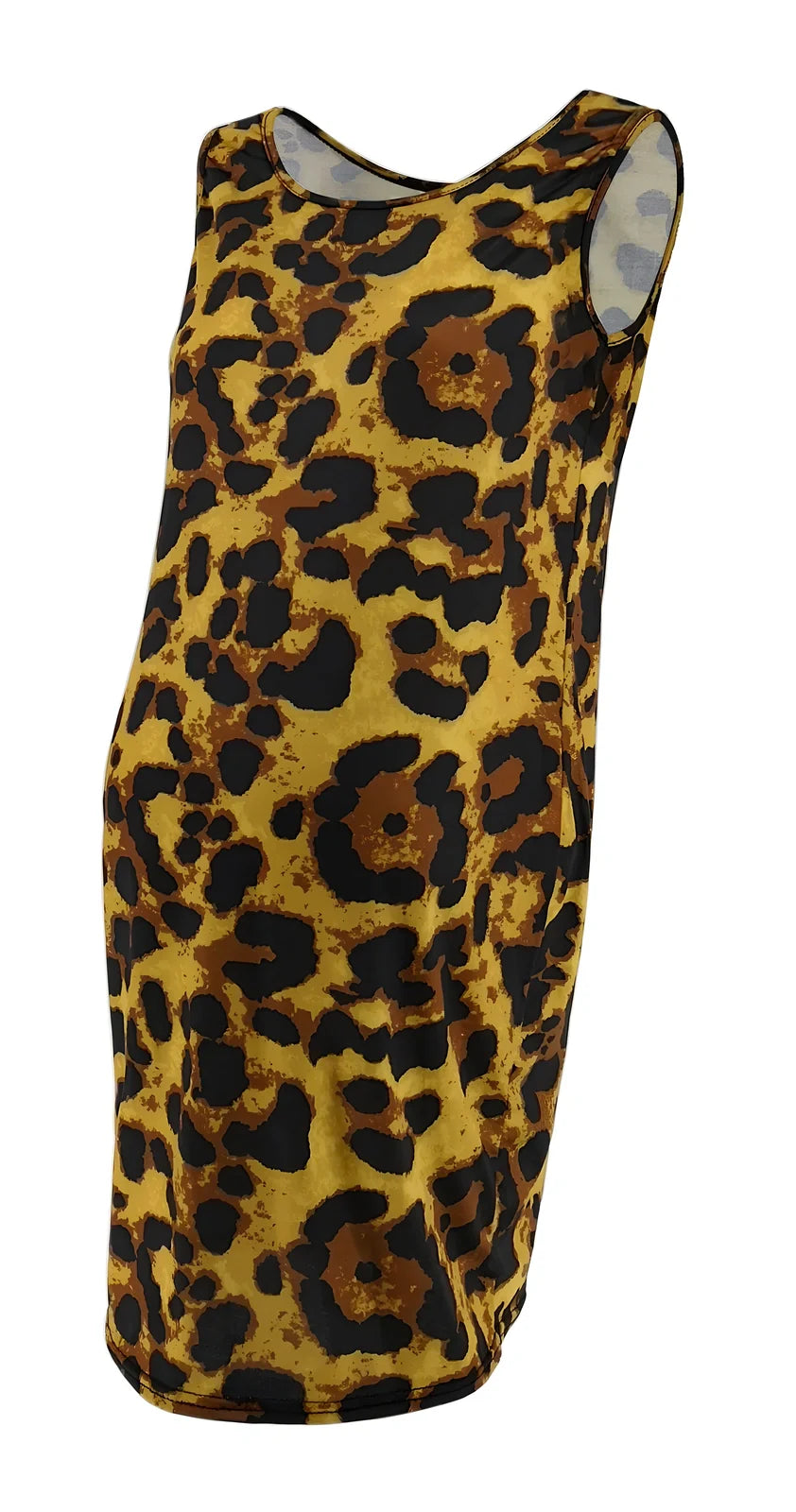 Sleeveless leopard print maternity dress in navy blue, loose waist MIDI length for pregnant women, polyester fabric with V-neck