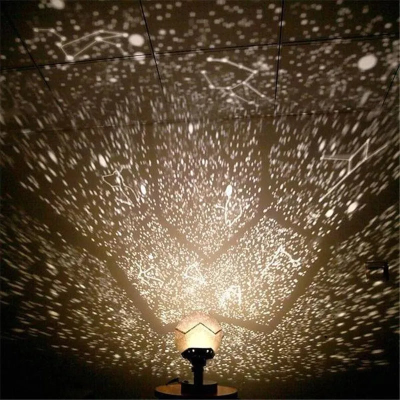 LED starry sky projector night light showing constellation projection on bedroom ceiling with remote control