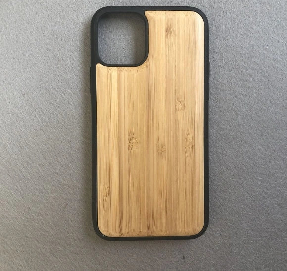 Wooden mobile phone case showing natural grain texture with iPhone 15 compatibility