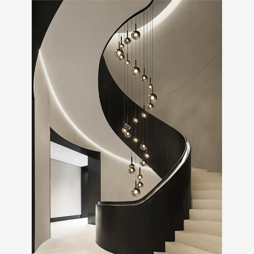 High-grade glass chandelier three-head rotating staircase long ceiling light shiny black finish LED three colour white light