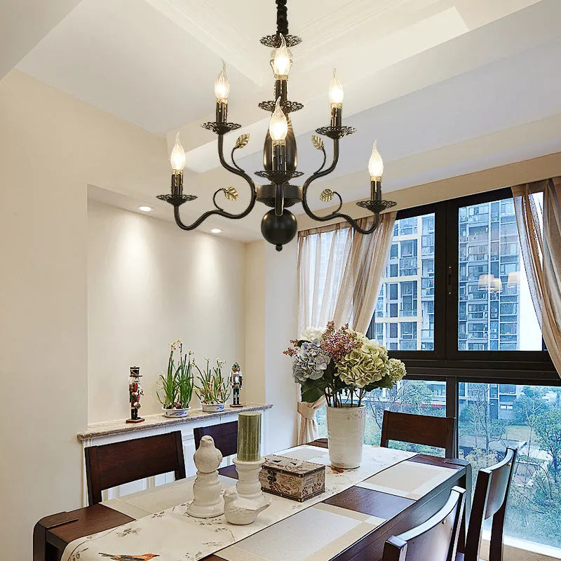 Wrought iron candle crystal chandelier with 12 lights, black finish, for living room or bedroom ceiling installation