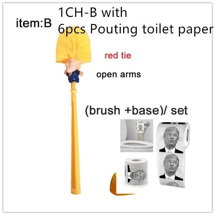 Bright yellow Trump-themed toilet brush with hanging slot