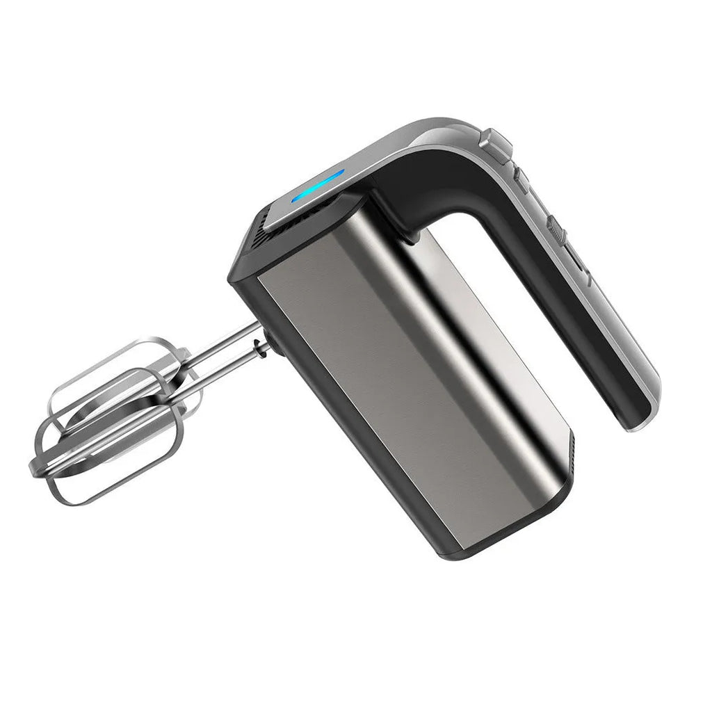Silver mini electric handheld whisk with stainless steel beaters on a 5-speed control unit.