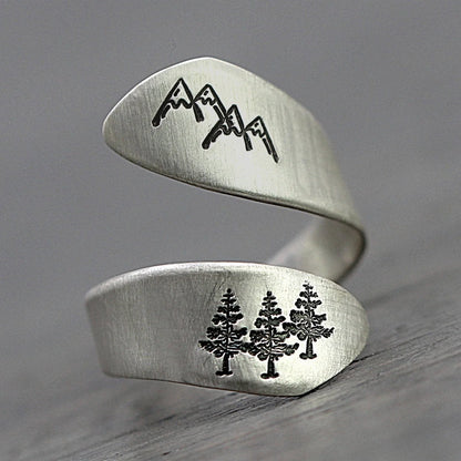 Mountain forest opening adjustable ring in ancient silver, lightweight and durable alloy construction
