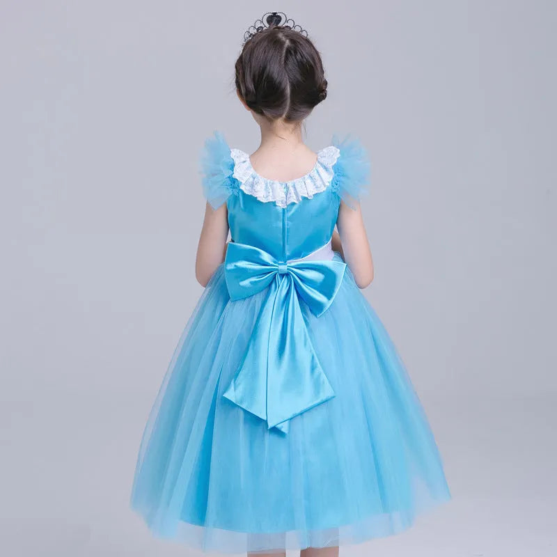 Girls blue Halloween princess dress with cotton chiffon fabric and short sleeves on display