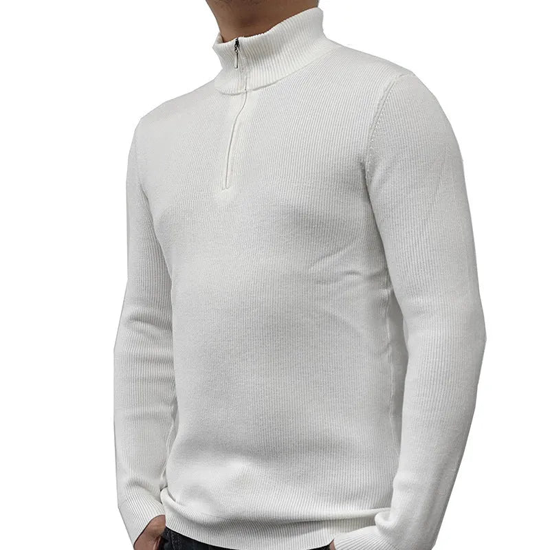 Men's black half-turtleneck zipper sweater in American style on a hanger.