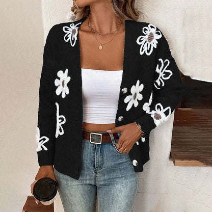 Flowers Print Button Front Cardigan in various colours, showcasing the detailed print and button-front design.