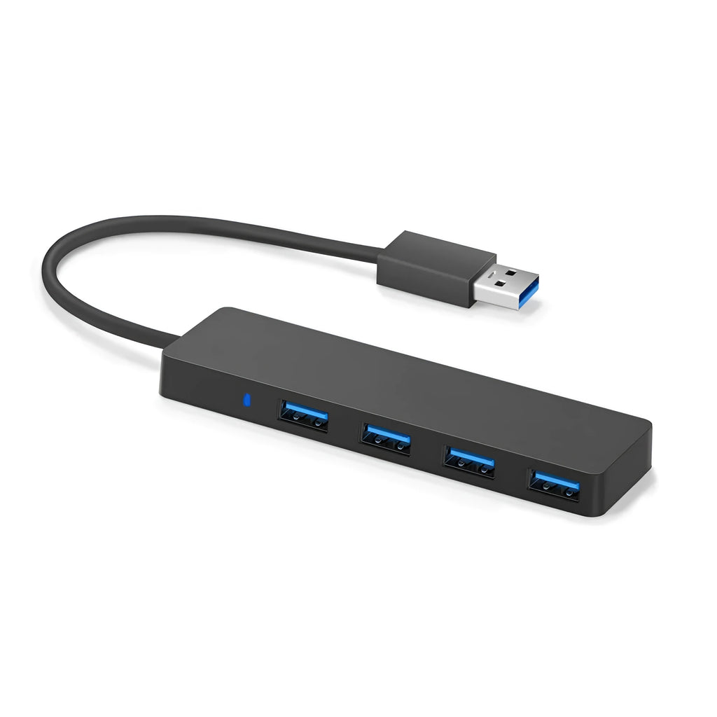 Black USB 3.0 hub with four ports, indicator lights, and a 30cm connecting cable on a desk.