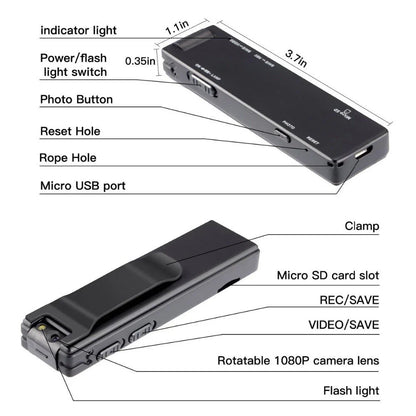 Premium magnetic digital recorder with durable zinc alloy casing, 90-degree rotating lens, and storage up to 128GB