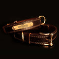 Genuine leather dog collar with engraved nameplate in brown on a wooden background