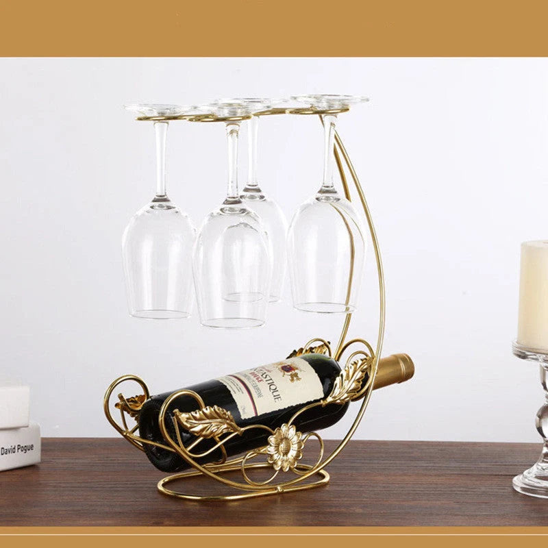 Copper wine rack hanging holder for double bottles and 4 cups in gold and bronze finishes