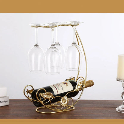 Copper wine rack hanging holder for double bottles and 4 cups in gold and bronze finishes