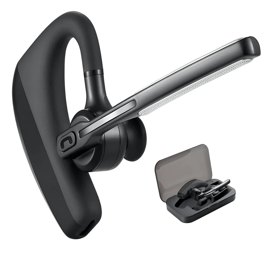 Black wireless Bluetooth headset with true wireless stereo technology and noise cancellation features