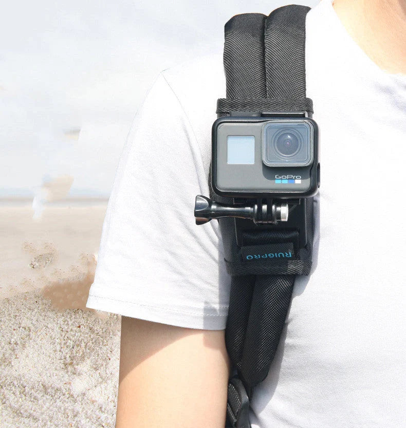 Black camera backpack clip holder with durable POM/PVC plastic and polyester cloth construction