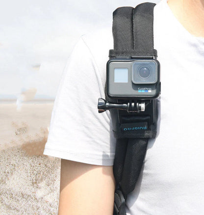 Black camera backpack clip holder with durable POM/PVC plastic and polyester cloth construction