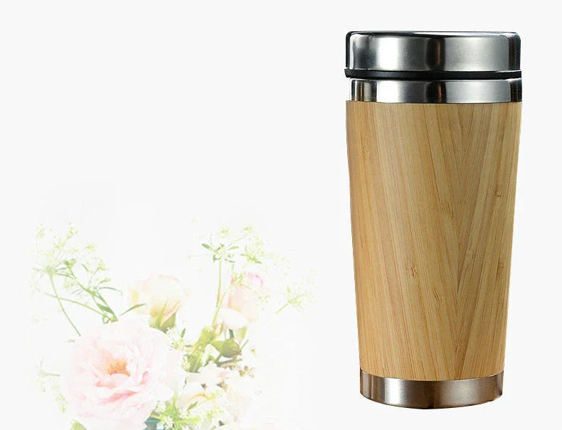 Bamboo Coffee Cup with thermal insulating double wall and leak-proof lid