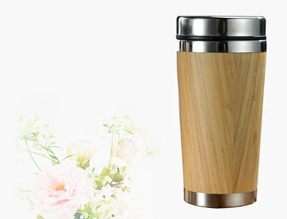 Bamboo Coffee Cup with thermal insulating double wall and leak-proof lid