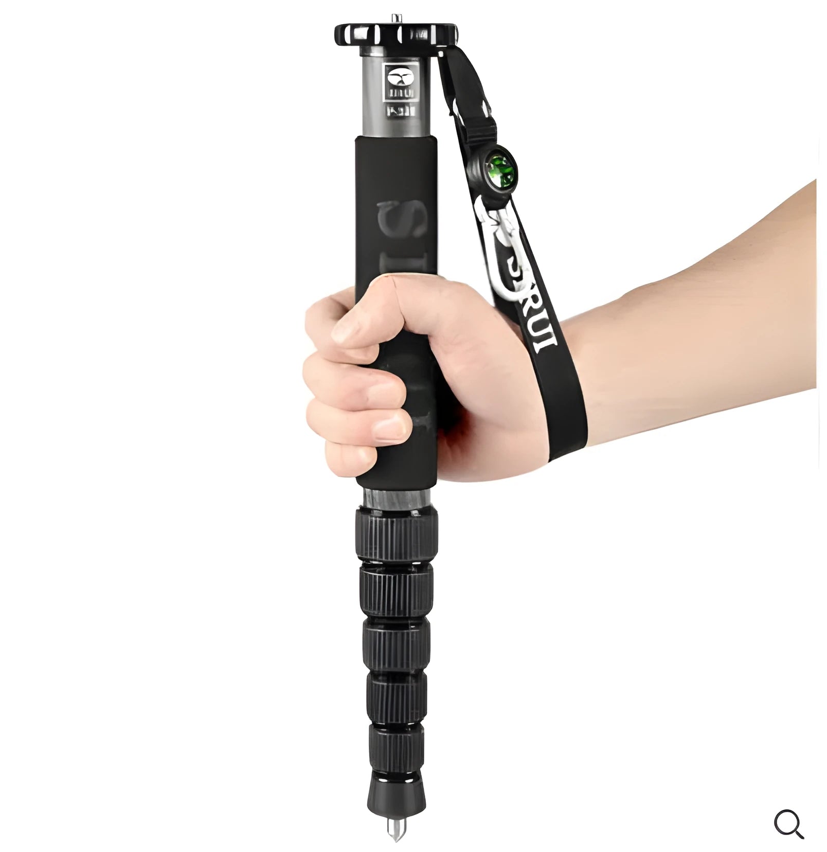 Black carbon fibre SLR camera monopod shown collapsed and extended.