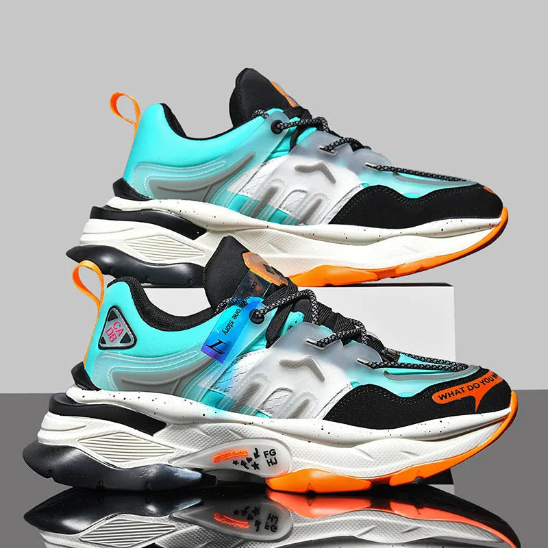 Men's dad shoes Korean style low-top TPU popcorn sole leather upper running sneakers in white and gray