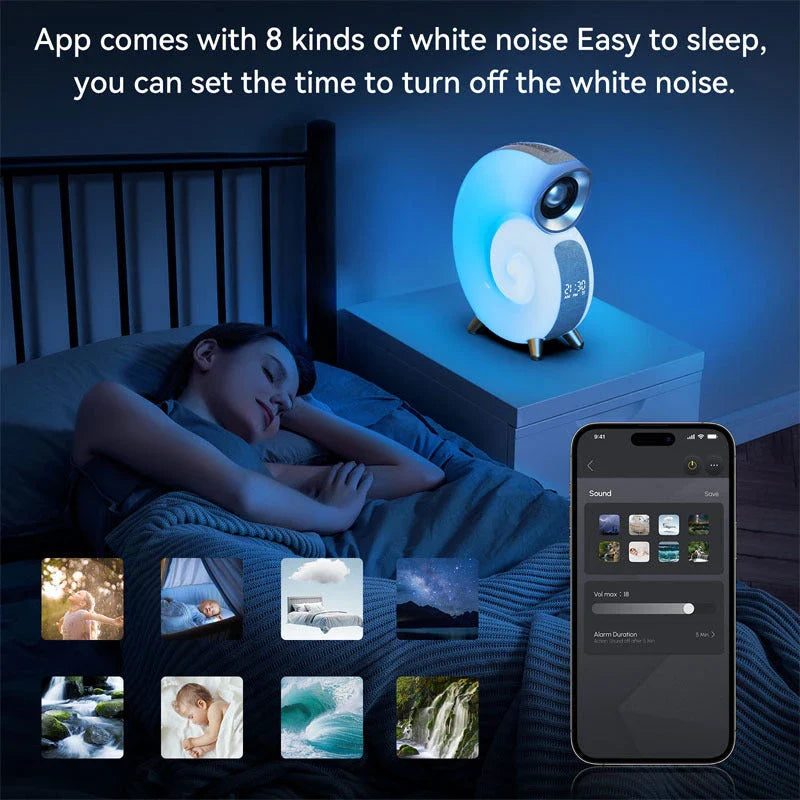 A smart RGB atmosphere light with Bluetooth speaker, alarm clock, and white noise machine for customizable sleep and relaxation.