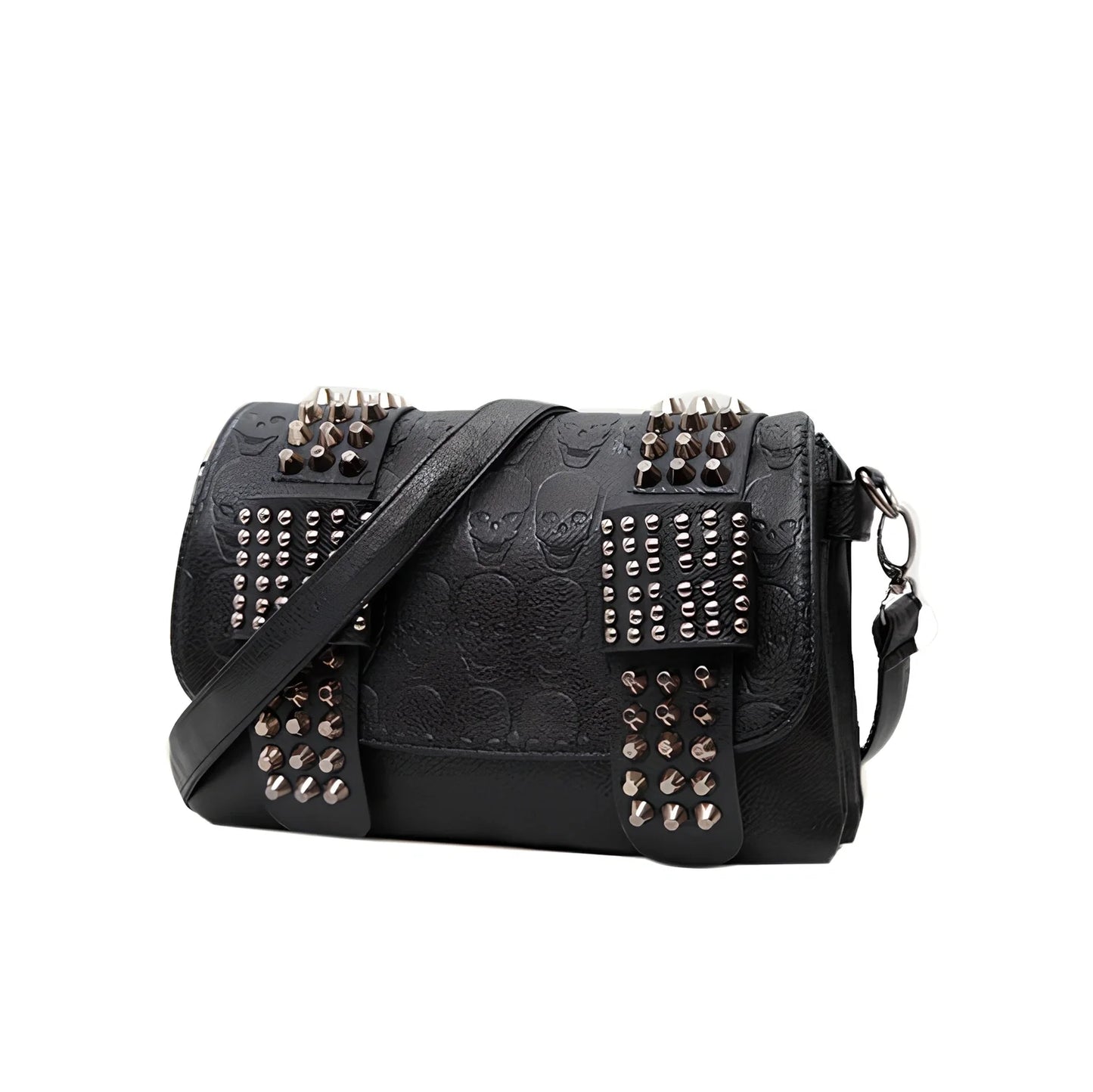 Black Shantou women's messenger bag with rivets, chain handle, and square shape for secure cross-body carry