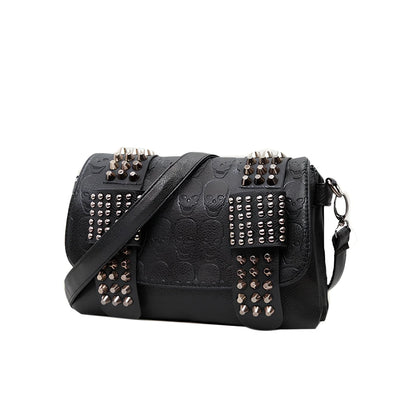 Black Shantou women's messenger bag with rivets, chain handle, and square shape for secure cross-body carry