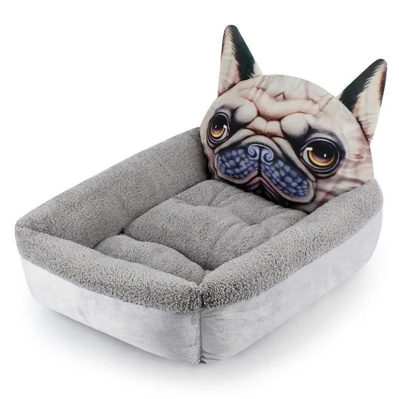 Warm plush pet kennel mat with dog head style, small size 40x50cm, on a wooden floor